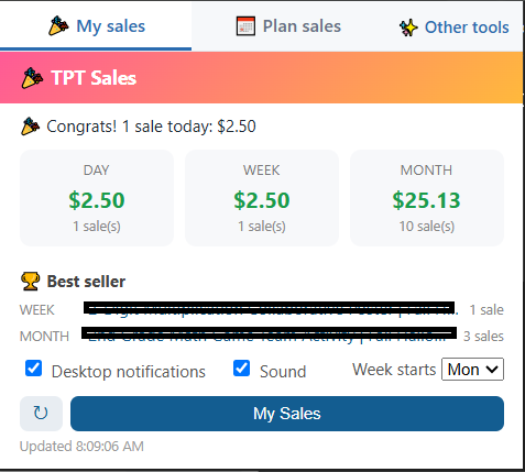 TPT Seller Toolkit popup showing day, week and month earnings