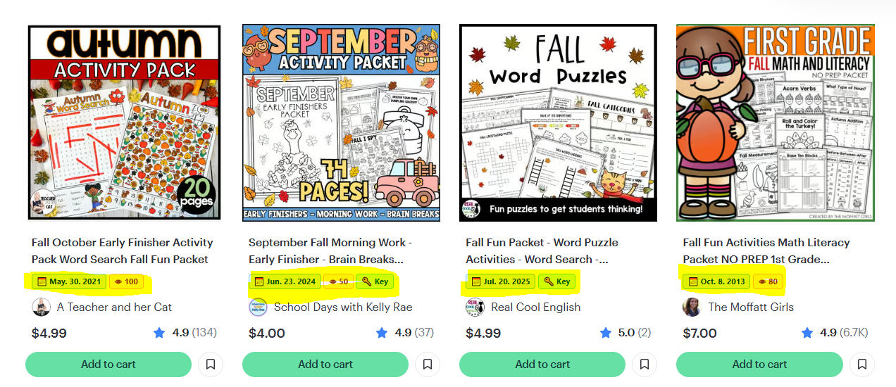 TpT search results with publish date and views badges under each product