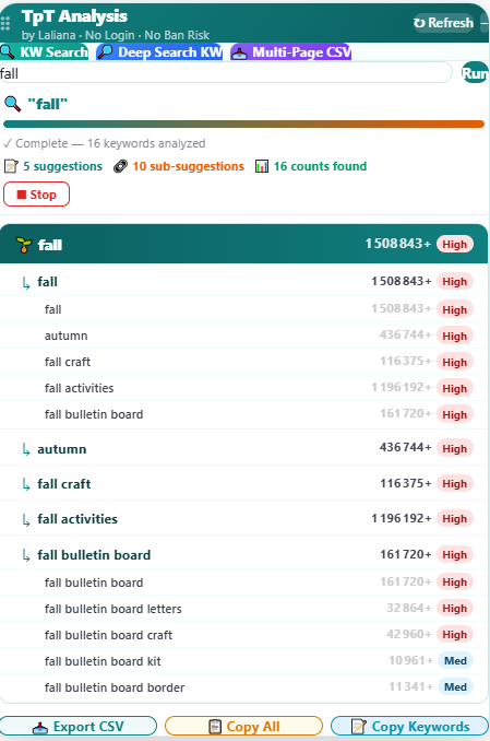 TpT Niche Research Pro keyword search results